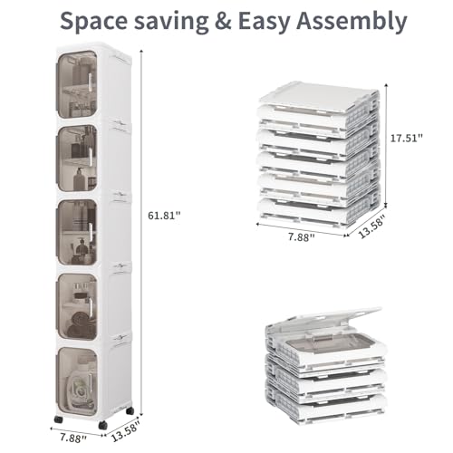 White 5-Tier Slim Bathroom Storage Cabinet - Foldable & Movable