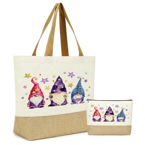 Wizard 1866 Watercolor Magic Gnomes Star Tote Bag & Makeup Bag Set - Jute Bottom