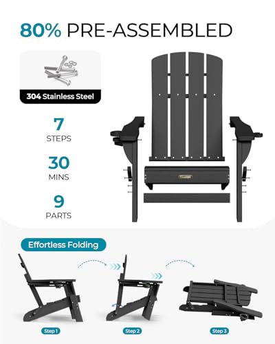 Black Folding Adirondack Chair with Cup Holders - All-Weather HDPE Outdoor Lounge Chair