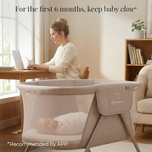 Baby Travel Bassinet - 3-in-1 Folding Cradle with Mesh Sides & Mosquito Net - Beige