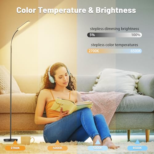Yikuneng Dimmable LED Floor Lamp Black - Stepless Bright Reading & Living Room Light with Remote & Touch Control