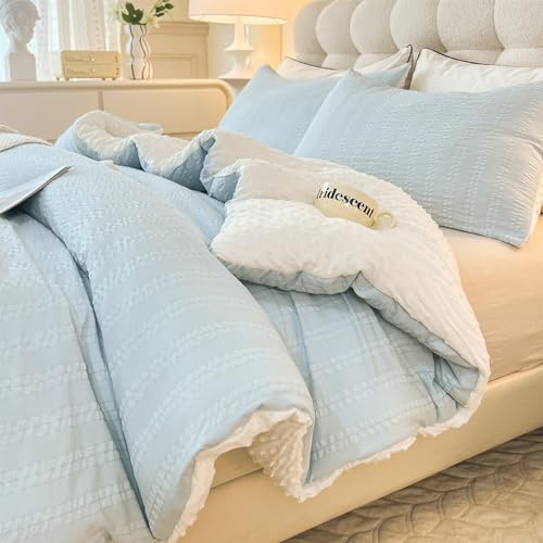 tohrisa Full Size Boho Striped Comforter Set Light Blue 80x90 - 3 Pieces Bedding