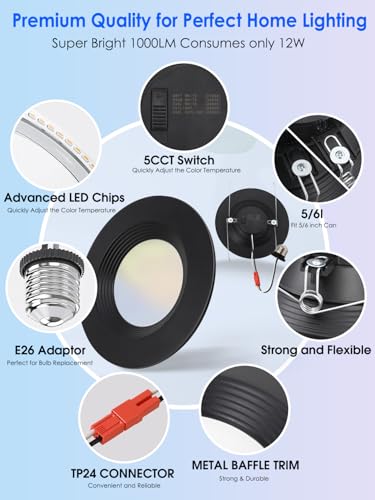 12 Pack 5CCT Black LED Recessed Can Lights - Dimmable, Wet Rated, 2700K-6500K