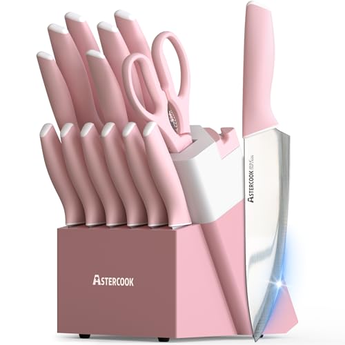 Pink 15-Piece Kitchen Knife Set with Block & Sharpener - High-Carbon Stainless Steel