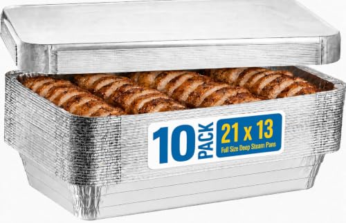 Full Size Deep Steam Aluminum Foil Pan with Lids - 21x13x3 Inches, 10 Pack