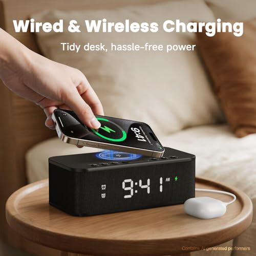 Fansbe Digital Alarm Clock with White Noise & Wireless Charging - Black