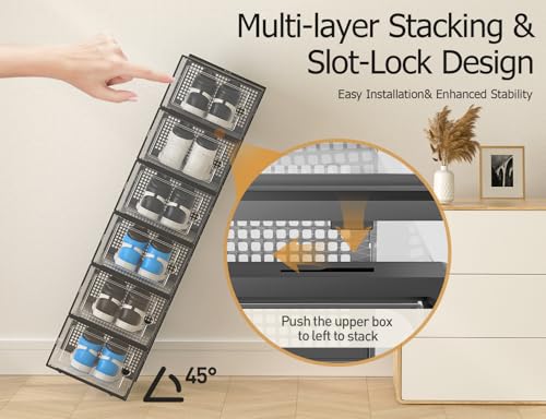 Black XX-Large Shoe Storage Boxes 12 Pack - Clear Stackable Organizer