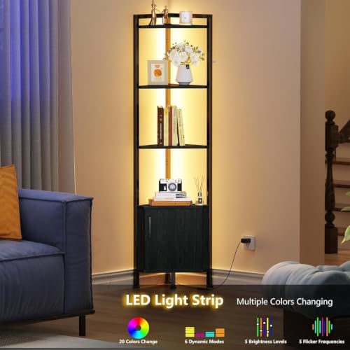 Furnulem 5-Tier Corner Shelf with LED Light - Black Oak Corner Cabinet with Doors