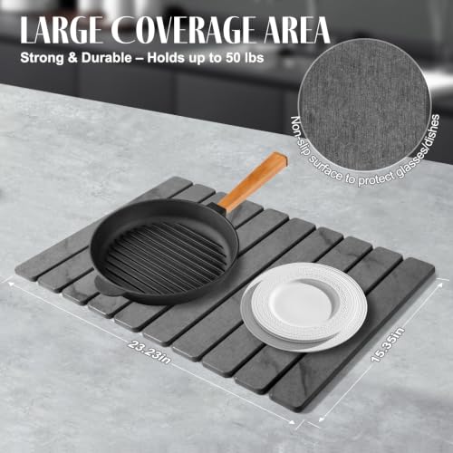 Sangukiro Marble Gray Large Stone Dish Drying Mat 24x16 with Coasters, Non-Slip Kitchen Counter Protector