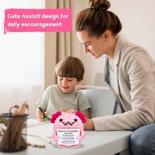 Emotional Support Crochet Axolotl£¬Positive Crochet Animals, Emotional Support Plush, Crochet Gifts for Women Encouragement, Self Care, Coworkers, Birthday, Christmas, Desk Home Decoration