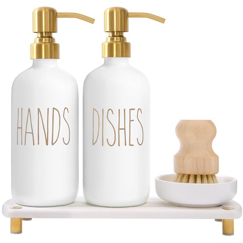 MOMEEMO Gold & White Stainless Steel Soap Dispenser Set with Pumps & Accessories