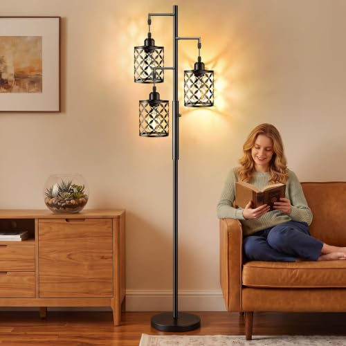 72-Inch Dimmable Industrial Floor Lamp with Quatrefoil Shade & 3 LED Bulbs - Black 800LM