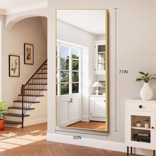 Full Length Floor Mirror 71x30in with Gold Rect Edge Frame - Standing or Wall Mountable