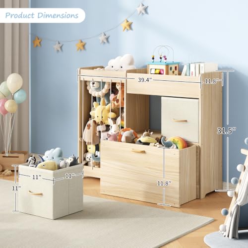 Burlywood Toy Storage Organizer with Stuffed Animal Shelf - Kids Wooden Playroom Storage