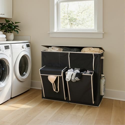 SOLEDI Black 220L Laundry Hamper with 3 Compartments & 2 Side Pockets