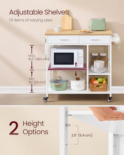 VASAGLE Kitchen Island Cart with Storage, 2 Drawers & Towel Rack - Oak Beige White, 17.7D x 38.8W x 35.4H