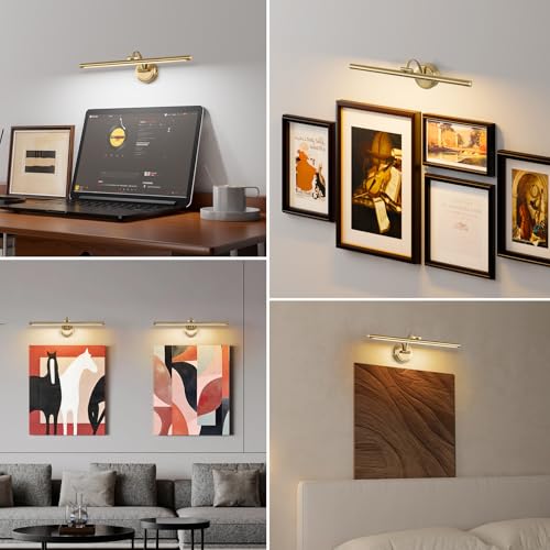 Rechargeable Brass Picture Light for Wall - 23.6 Inch Dimmable Art Sconce with Remote & Timer