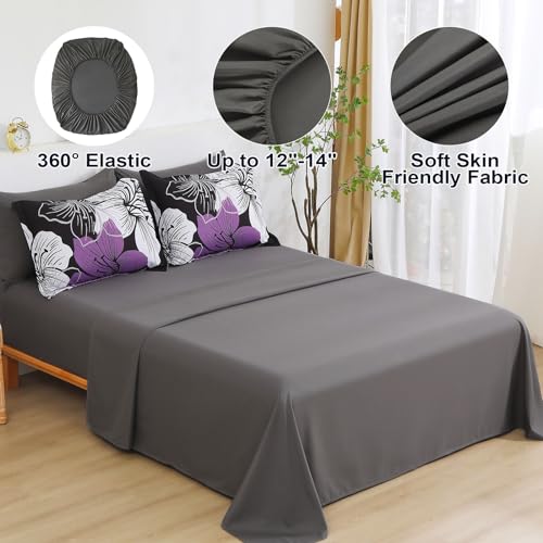 Luxudecor Queen Size Purple & Black Floral Comforter Set - 7 Pieces Bed in a Bag