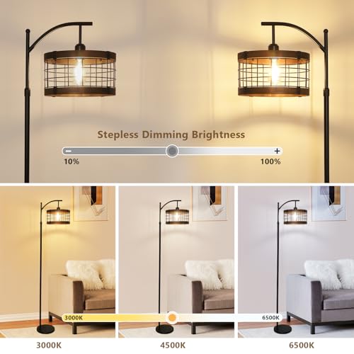 Arc Floor Lamp with Remote & Dimmable LED Bulb - Rustic Industrial Tall Lamp for Living Room & Bedroom