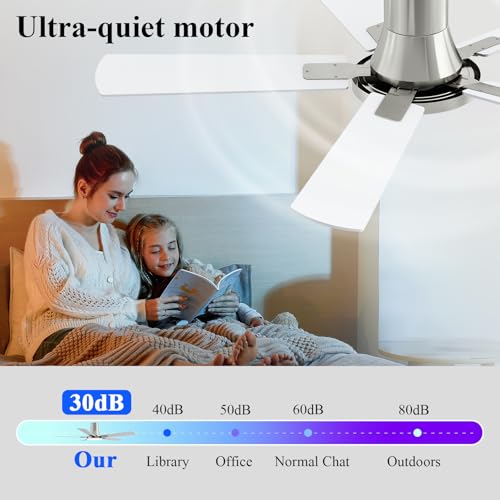 52 Inch Brushed Nickel Ceiling Fan with Lights and Remote - Flush Mount, Reversible DC Motor, Quiet & Dimmable