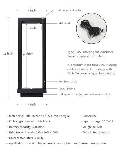 PUSU Cordless Waterproof Table Lamp Set - Matte Black 2 Pack, 11 Inch Outdoor LED Lamps