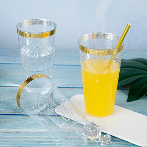 LIYH Gold Rim 16 oz Plastic Cups - Disposable Party & Wedding Beverage Cups (100 Pack)
