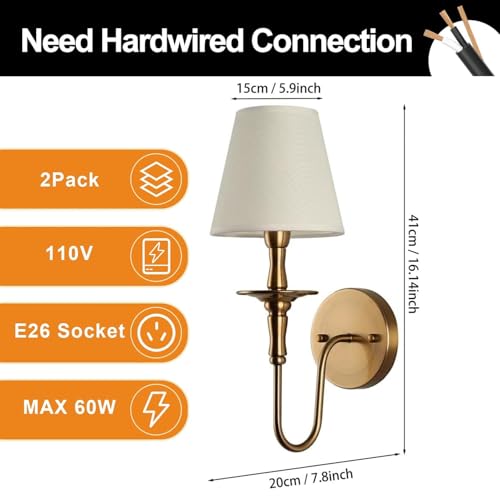 Vintage Gold Wall Sconce Set of 2 with White Fabric Shades - E26/E27 Fixture for Living Room, Hallway, Bedroom