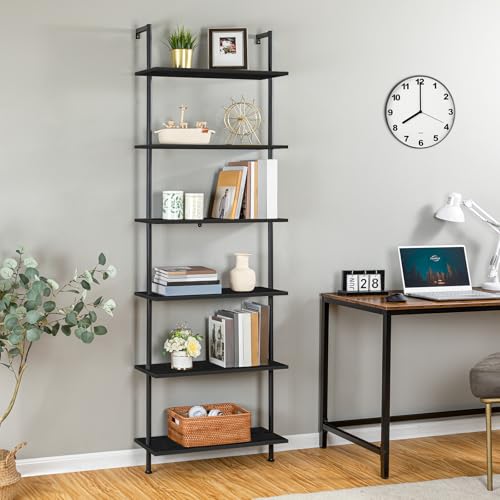 Wall Mounted Ladder Shelf 6-Tier Black Wooden Bookcase for Home Office & Bedroom