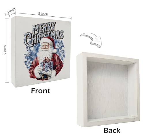 Kunlisa Blue and White Chinoiserie Christmas Santa Wooden Sign - Holiday Decor, 5x5 Inch