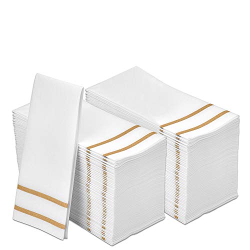 Disposable Linen-Feel Guest Towels - Gold Design, 200 Count - Formal Dinner & Wedding Napkins - 8.5x4 Inches Folded, 12x16.5 Unfolded - Gold 2 Lines Variation
