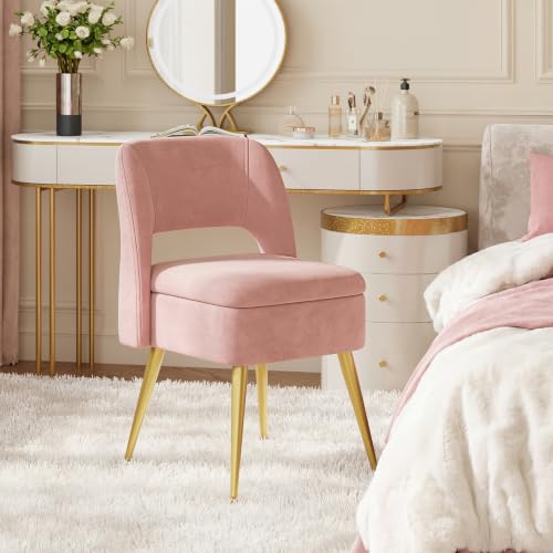 Pink Vanity Chair with Storage & Open Back - Adjustable Gold Metal Legs