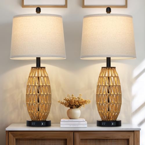 CINSARY 27-Inch Rattan Table Lamps Set of 2 - Boho Bedside & Living Room Decor with USB Charging Ports