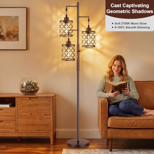 GHOOCEMLUX Oil-Rubbed Bronze 68-Inch Dimmable Farmhouse Floor Lamp with Quatrefoil Shades