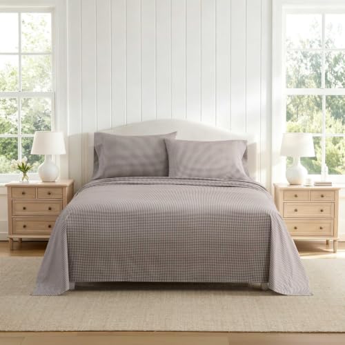 Martha Stewart King Gingham Brown Cotton Percale Bed Sheet Set with Deep Pocket Fitted Sheet