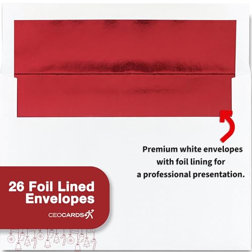 Happy Holiday Cards with Red Foil Lined Envelopes 25-Pack - Ribbons Variation
