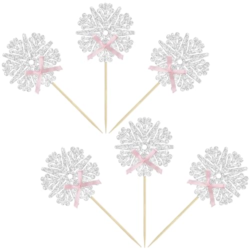 Pink Snowflake Cupcake Toppers 24Pcs Glitter Snowflake Cake Decorations Baby Shower Gender Reveal Winter Christmas Ephlyn