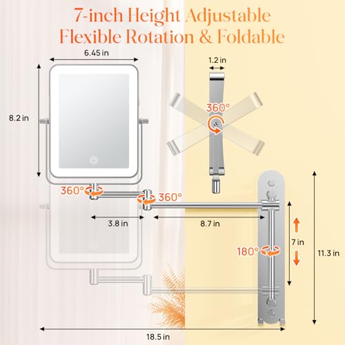 Height Adjustable Wall Mounted Makeup Mirror with LED Lights & Hooks