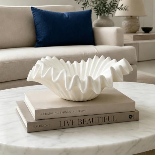 Off-White Decorative Ruffle Bowl – 12-Inch Modern Resin Centerpiece