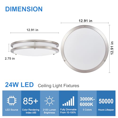 2Pack 13-Inch Flush Mount LED Ceiling Light Dimmable 5CCT Nickel Finish