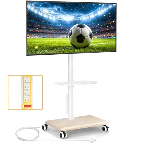 5Rcom White Rolling TV Stand with Power Outlet, Swivel & Height Adjustable for 32-60 Inch TVs