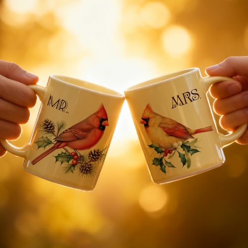 Couples Coffee Mug Set with Cardinal Design - Wedding & Anniversary Gift