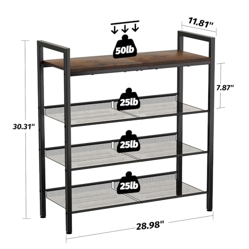 Brown 4-Tier Shoe Rack for Entryway | Durable Metal & Wood Storage