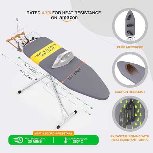 Gray Foldable Ironing Board 57x15 Inches with Wall Hanger and Adjustable Height