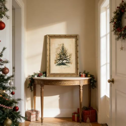 Framed Vintage Christmas Tree Canvas Wall Art 16" x 12" - Farmhouse Rustic Snowy Pine