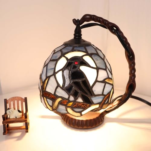 Dark Blue Tiffany Style Raven Mini Table Lamp - 7x5.5x8 Inches