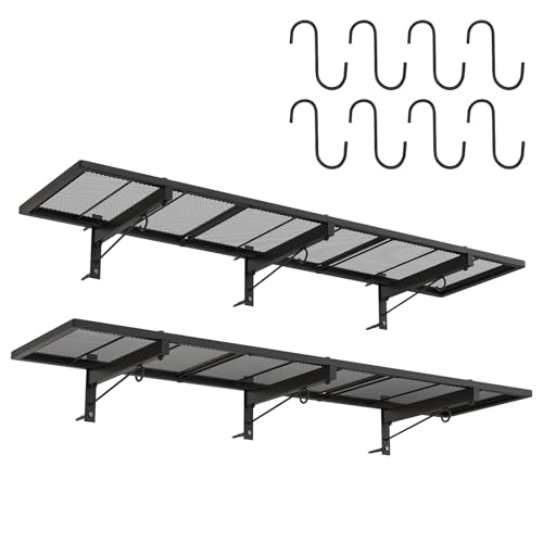 Riciakik 2 Pack Heavy Duty Garage Wall Shelves 46x12.5inch with 8 Hooks, Max Load 320LBS