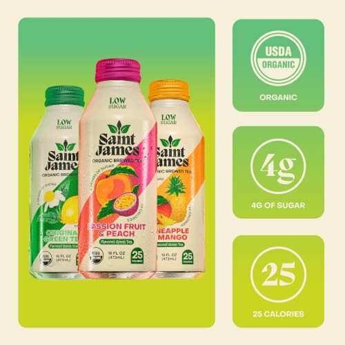 Organic Green Tea Variety Pack - Low Sugar, 16 Oz Bottles, 12 Pack - Includes Passionfruit, Peach & Pineapple Mango