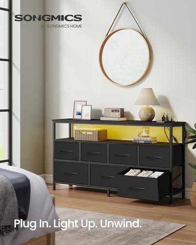 SONGMICS Dresser with App-Controlled LED Lights, 7 Fabric Drawers, Ink Black, 44.8W x 11.8D x 26.8H