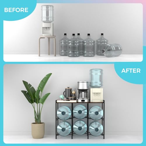 6 Slot Water Bottle Holder with Rustic Brown Wood Top Shelf for 5-Gallon Jugs - Heavy Duty Dispenser Stand