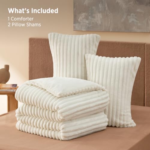 Bedsure Queen Fluffy Comforter Set - Cream White, 90x90 Inch Cozy Fleece Bedding